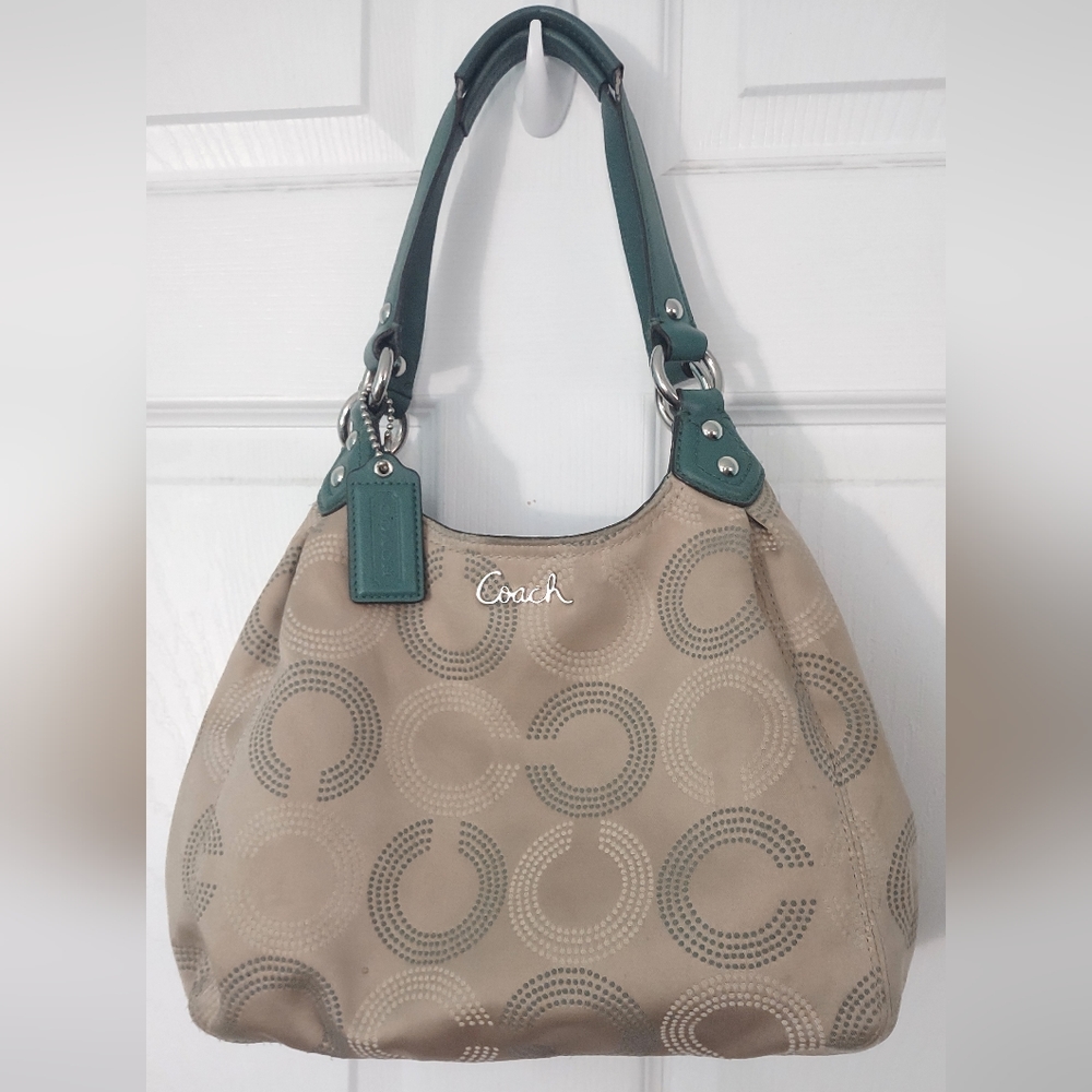 ✳️Coach Ashley F21920 Dotted OP Art Hobo Shoulder Handbag Khaki/Teal/Lilac